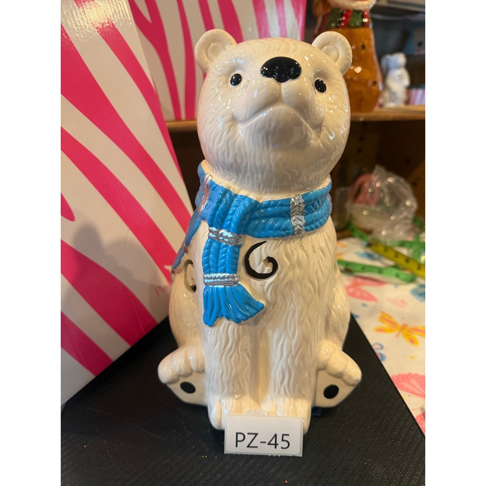 Pink Zebra Retired Polar Bear Ceramic Candle Luminary White Blue Scarf